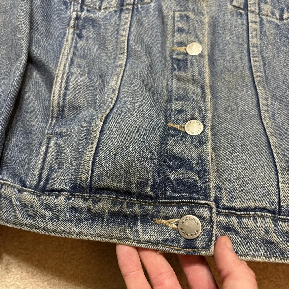 Woolrich Denim Jacket Womens Medium Blue Jean Trucker Snap Front Unlined Outdoor